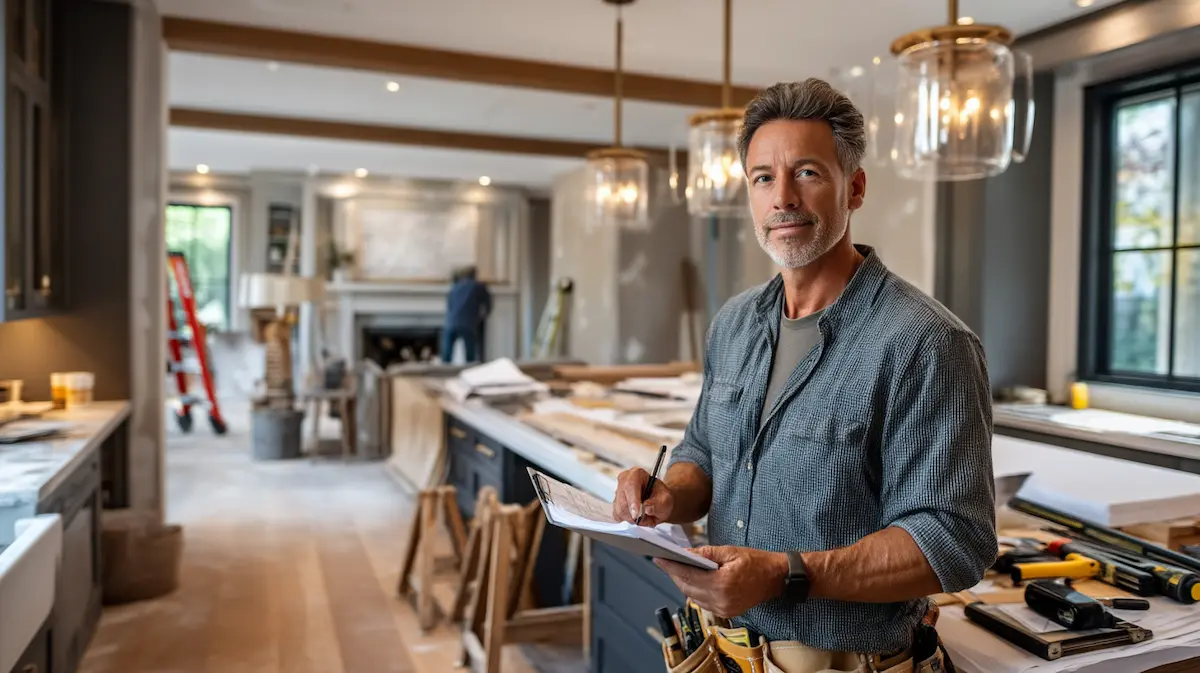 Small business construction contractor reviewing a project tracker on a clipboard at a residential remodel job site