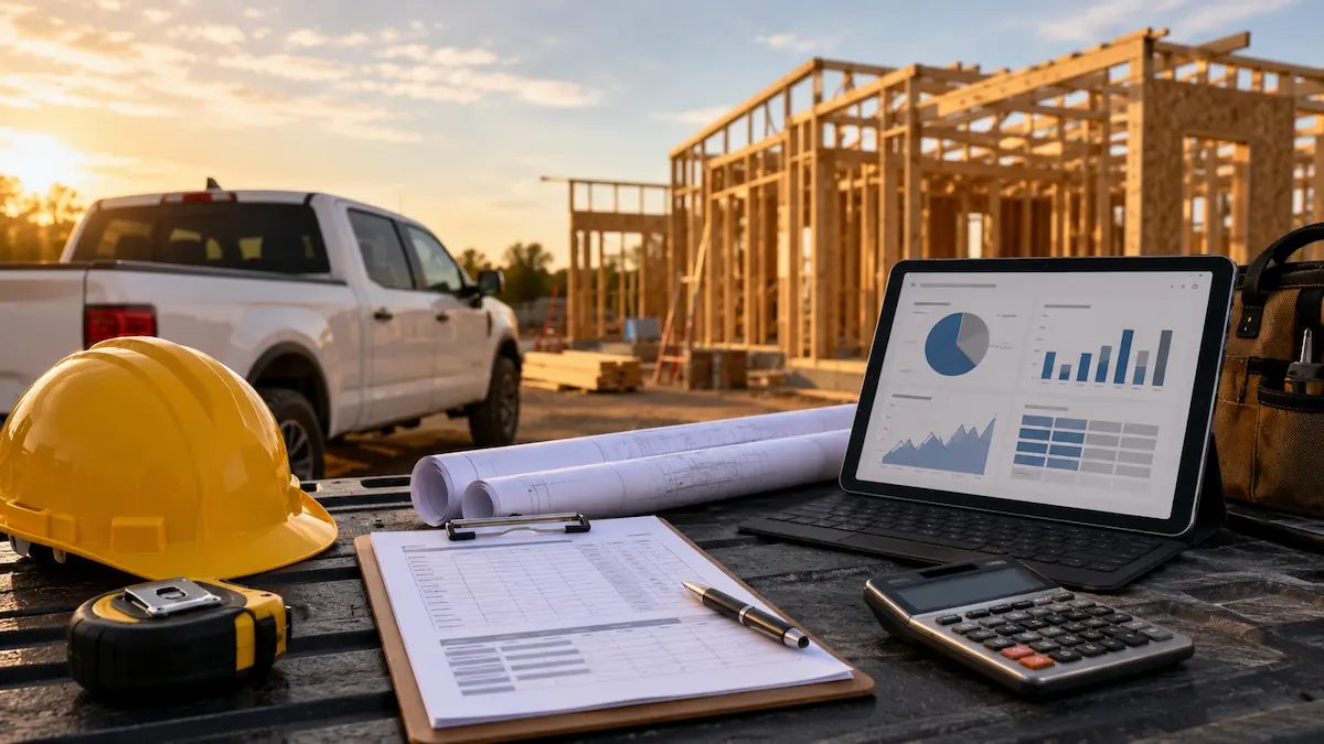 Construction site workspace with hard hat, blueprints, calculator, and budget worksheet on a clipboard