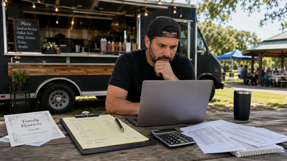 Small business food truck owner preparing a catering quote for a private event.