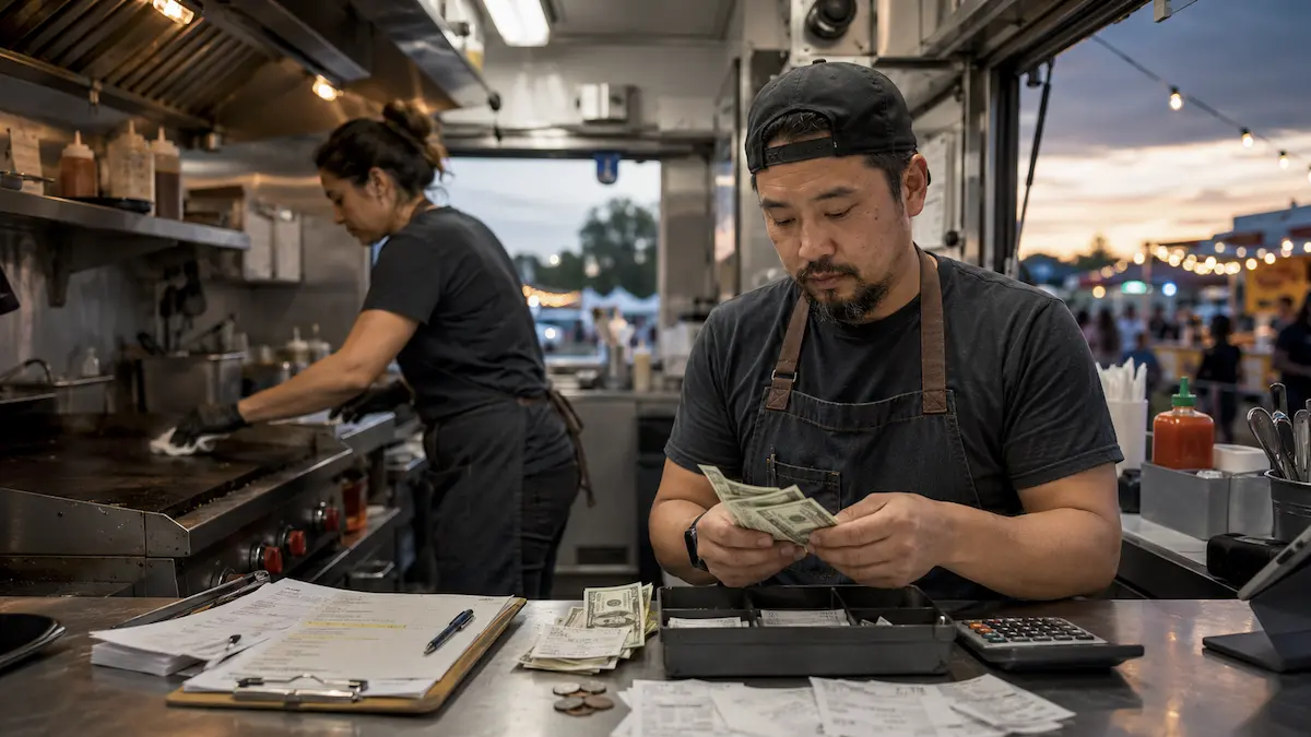 Small business food truck owner counting cash at the end of a service day with receipts, calculator, and a partner working the grill