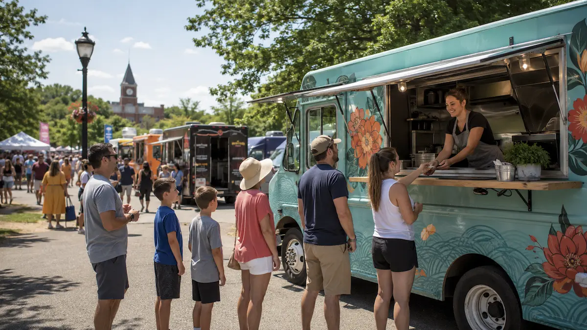 Small business food truck serving customers at an outdoor community event with other trucks and a town square in the background
