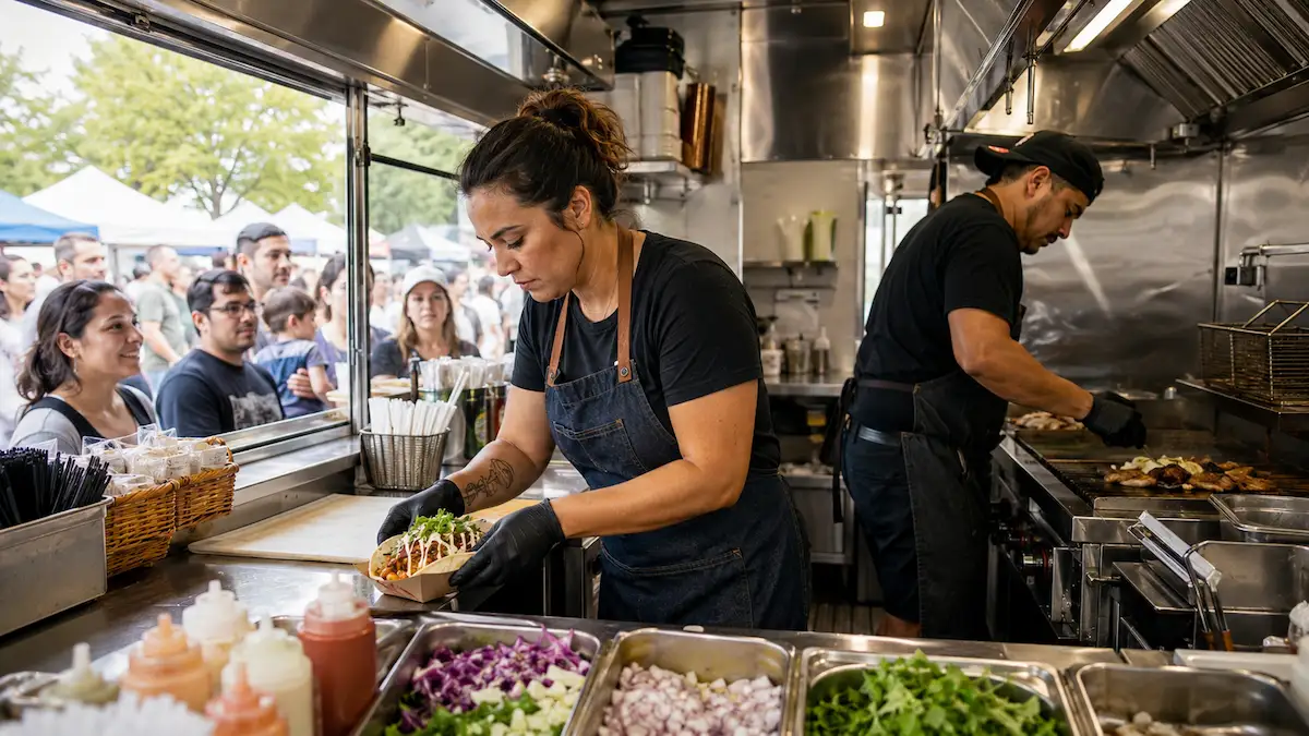 Small business food truck owner plating a taco during a busy service window with prep pans and a line of customers behind the truck