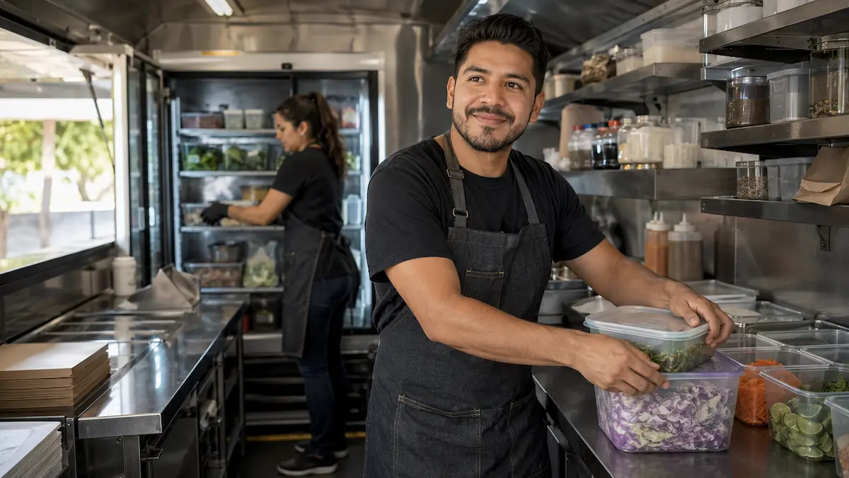 Small business food truck owner planning ingredient purchases, prep quantities, and par levels before service.