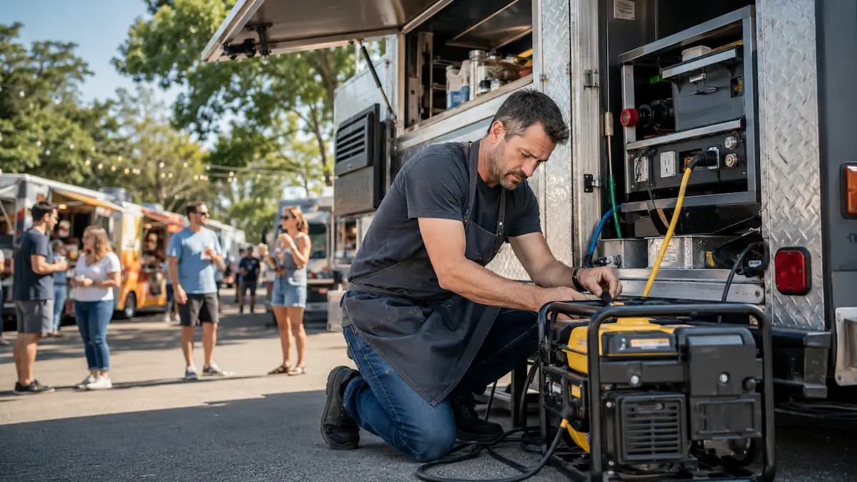 Small business food truck owner reviewing truck, generator, and equipment maintenance schedule with reserve and downtime-risk planning.