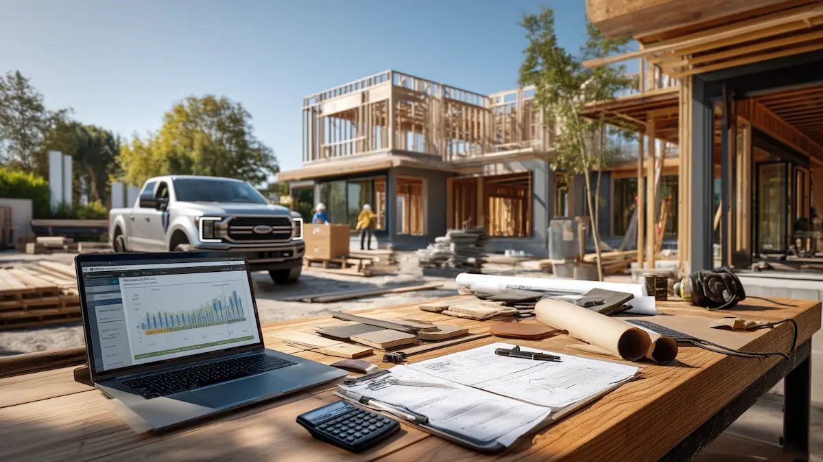Small business contractor reviewing construction job cost and cash flow data on a laptop at a residential job site