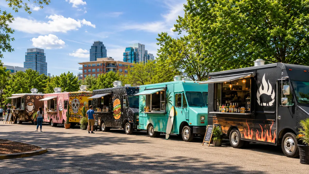 Row of colorful small business food trucks lined up at an outdoor city event