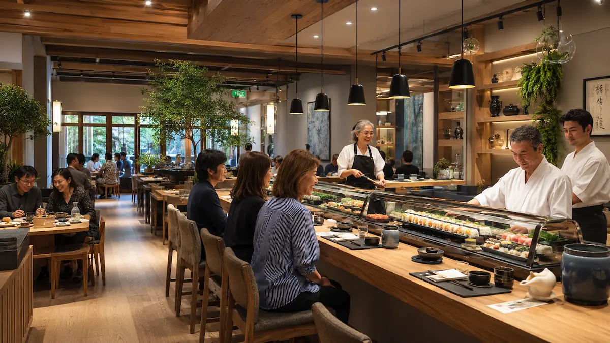 Chefs and diners at a modern sushi counter inside a warmly lit restaurant interior
