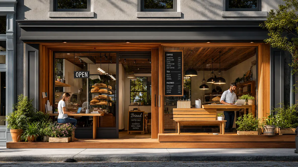 Small café storefront with an OPEN sign, plants, and morning light — a small business owner planning weekly cash flow