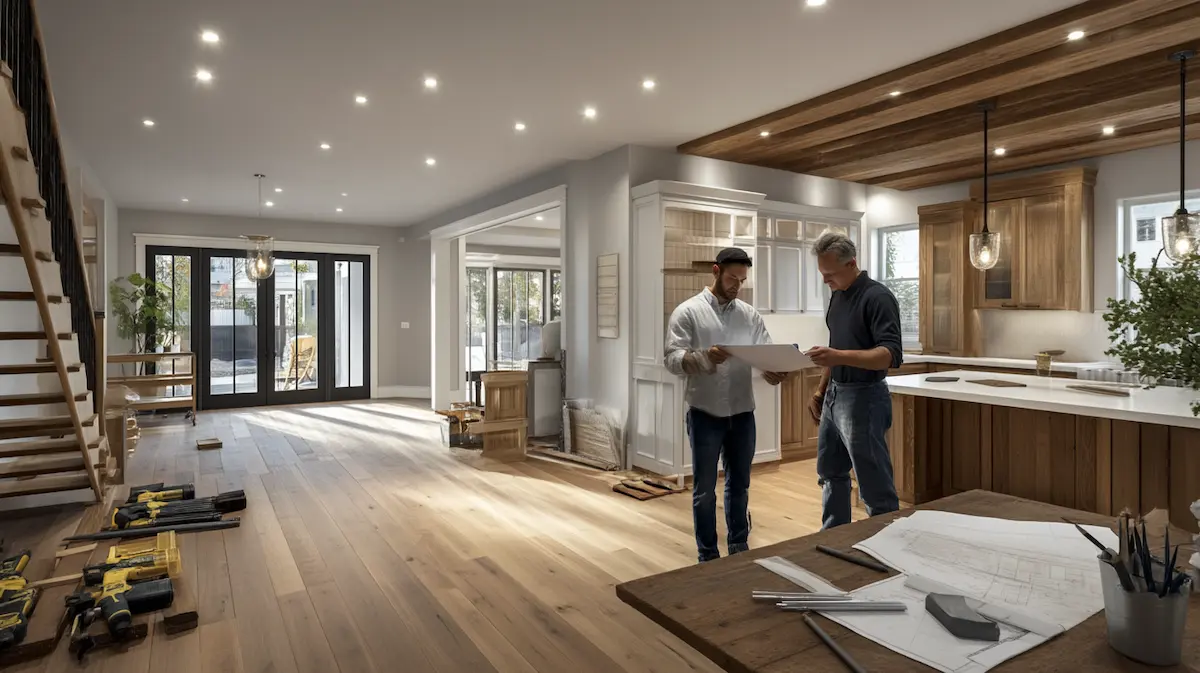 small business construction contractors reviewing plans inside a partially finished home, evaluating upcoming workload