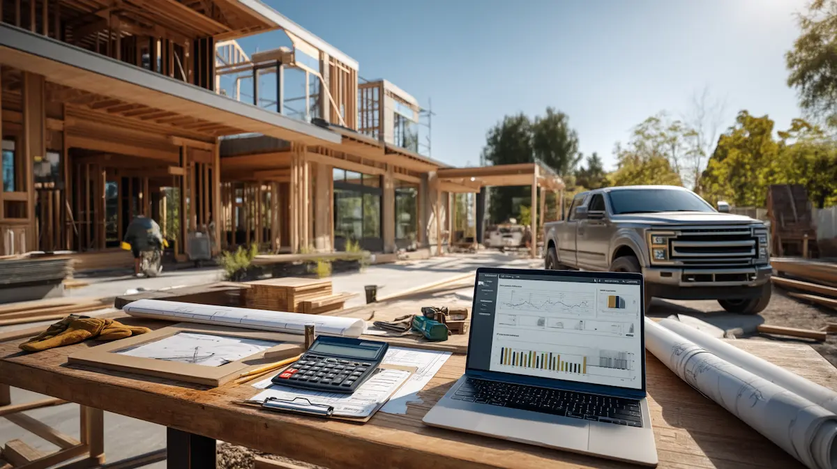 small business construction contractor reviewing blueprints, calculator, and estimating dashboard on a jobsite worktable