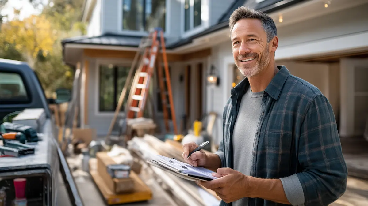 small business construction contractor reviewing change orders on a clipboard at a jobsite