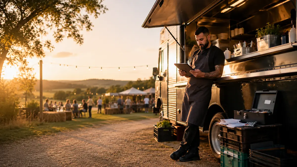Small business owner checking food truck cash plan at the end of the week