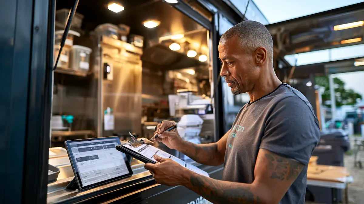 Small business owner running a food truck daily operations checklist on a clipboard at the service window