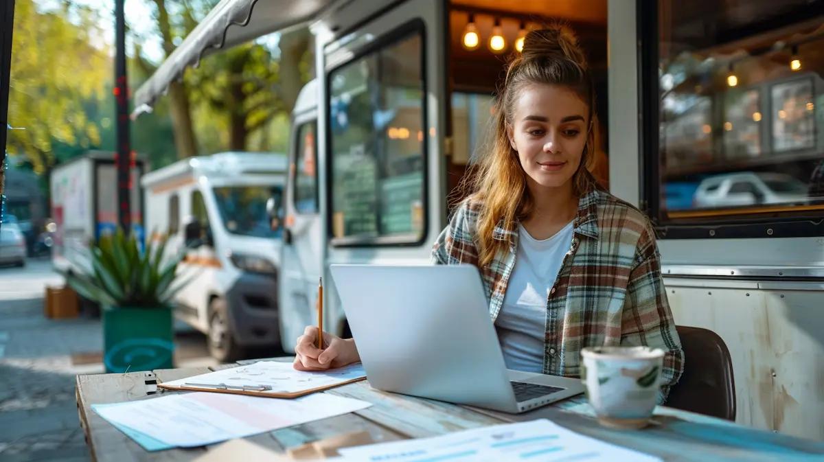 Small business owner planning a food truck launch with step-by-step guides on a laptop outside a parked food truck