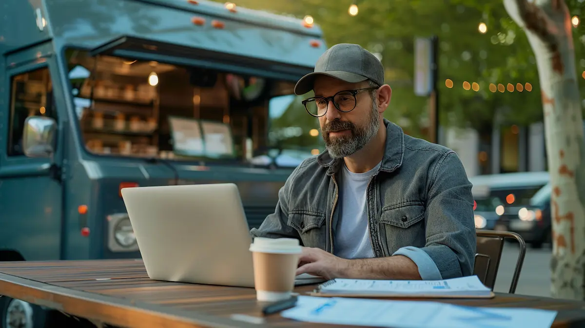 Small business owner researching food truck permits and licenses by state on a laptop outside a parked food truck