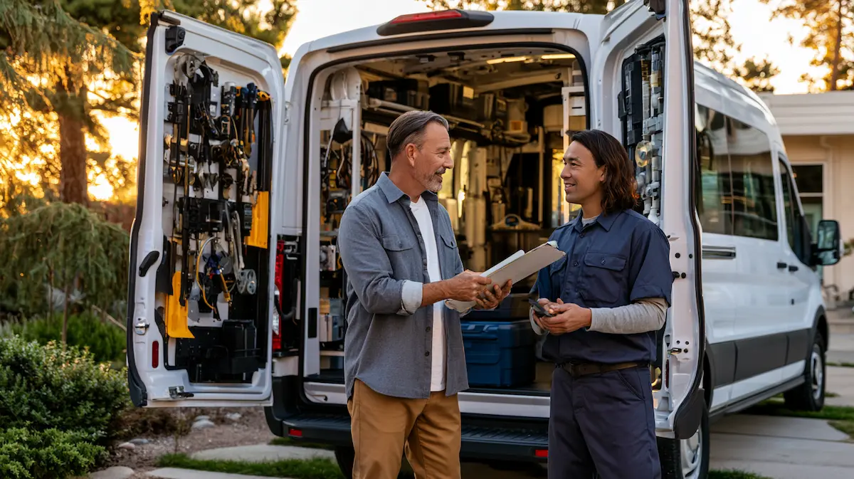 small business owner onboarding a new home services technician before the first field day