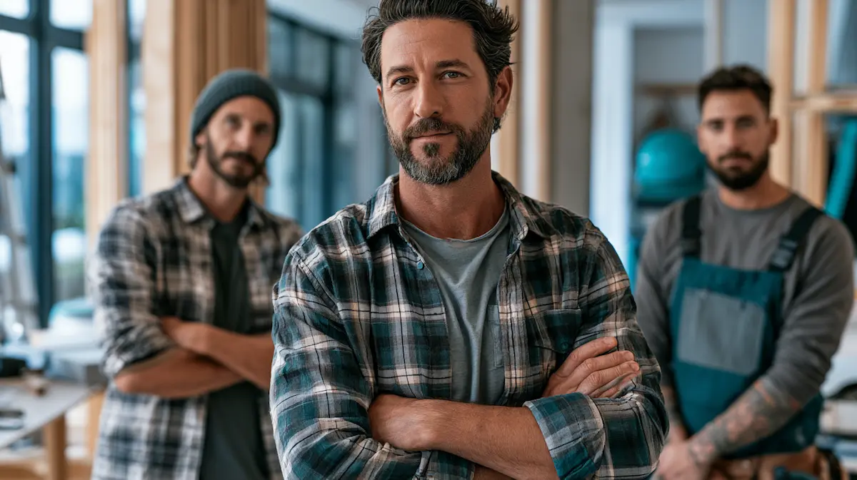 Small business owner and home services technicians ready for HVAC, plumbing, and cleaning jobs
