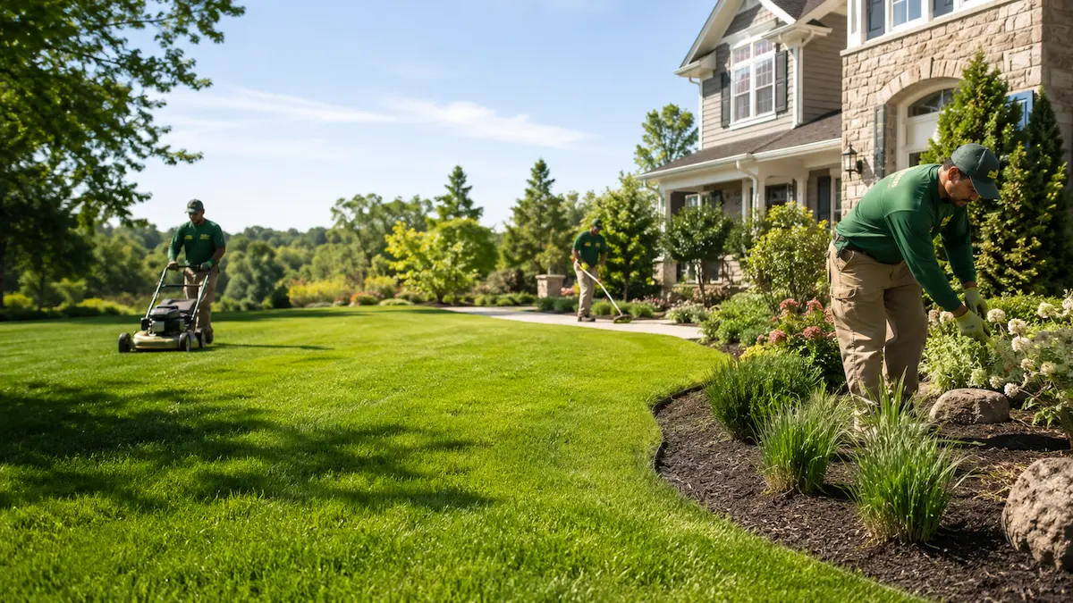 Professional landscaping crew mowing and maintaining a residential lawn and garden