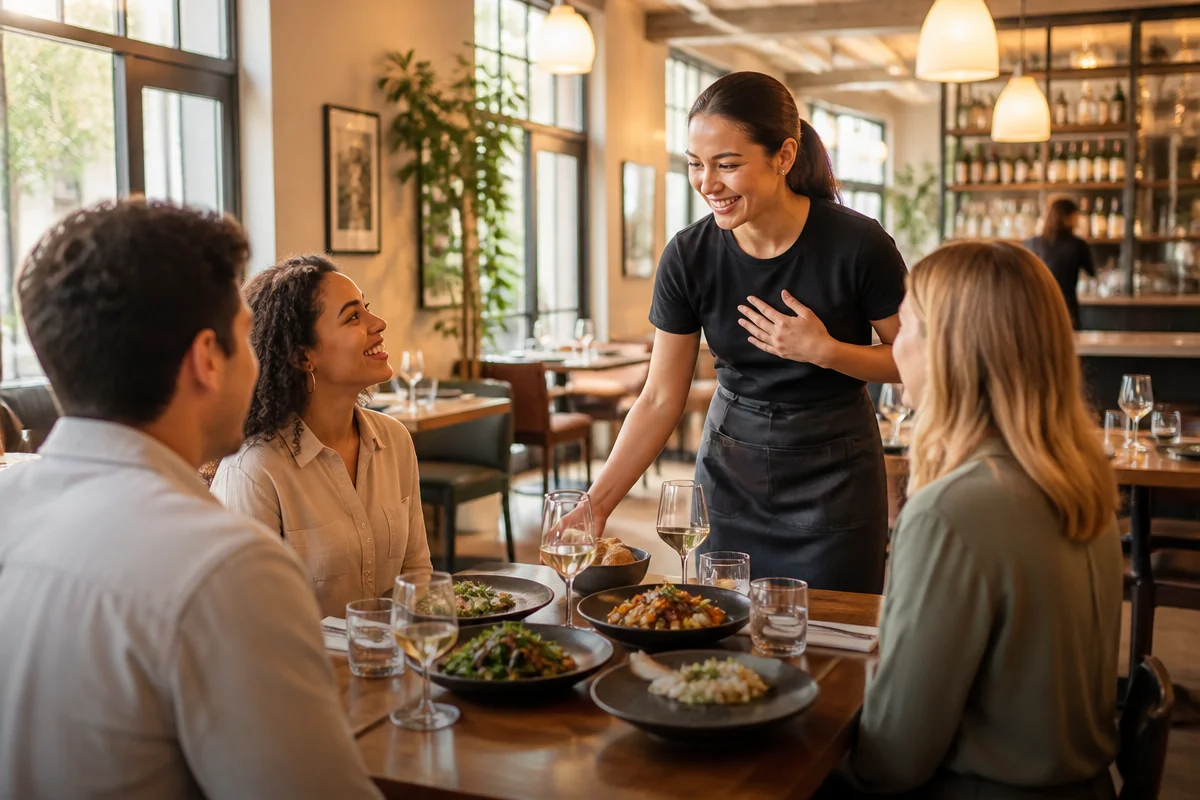 Small business restaurant dining room with a smiling server greeting seated guests over shared plates — restaurant customer experience, wait times, service recovery, and guest loyalty