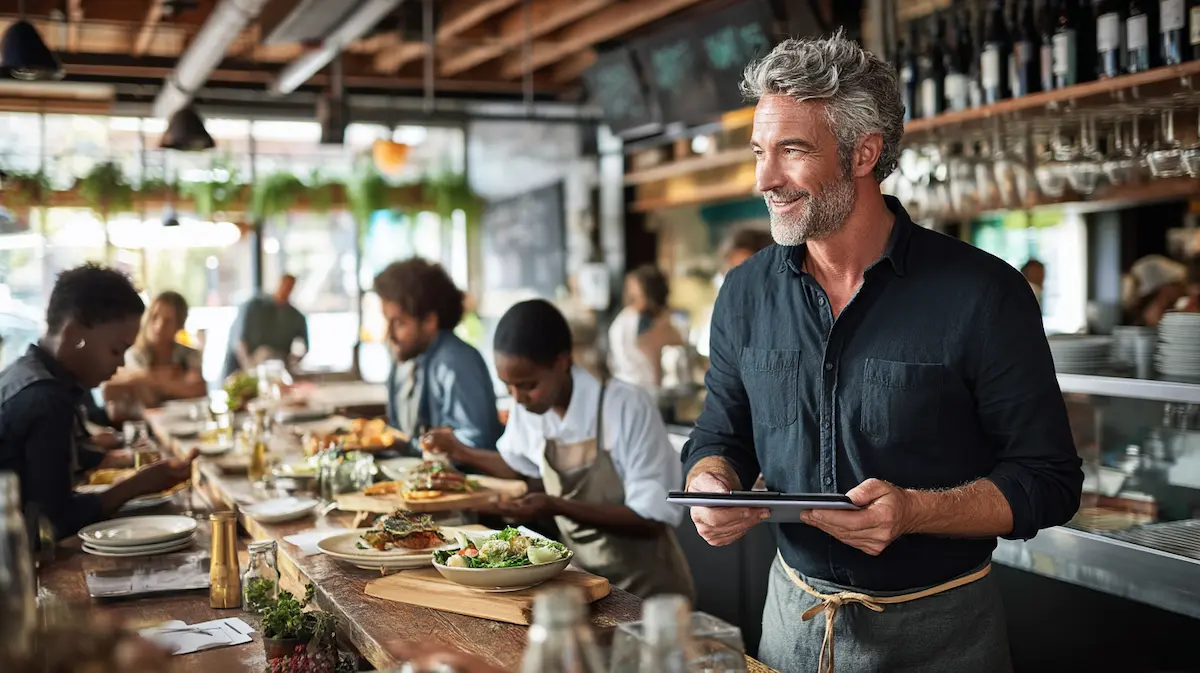 Small business restaurant owner reviewing daily operations on a tablet during a busy café service