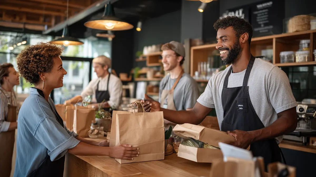 Small business restaurant staff handing a packaged takeout order to a smiling guest at the counter — delivery and takeout profitability, packaging, and order accuracy