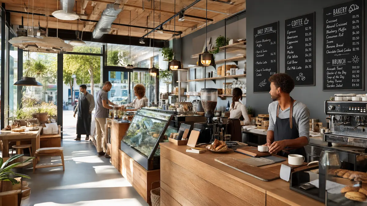 Neighborhood café interior with pastry case, chalkboard menu, and barista — small business owner pricing menu items