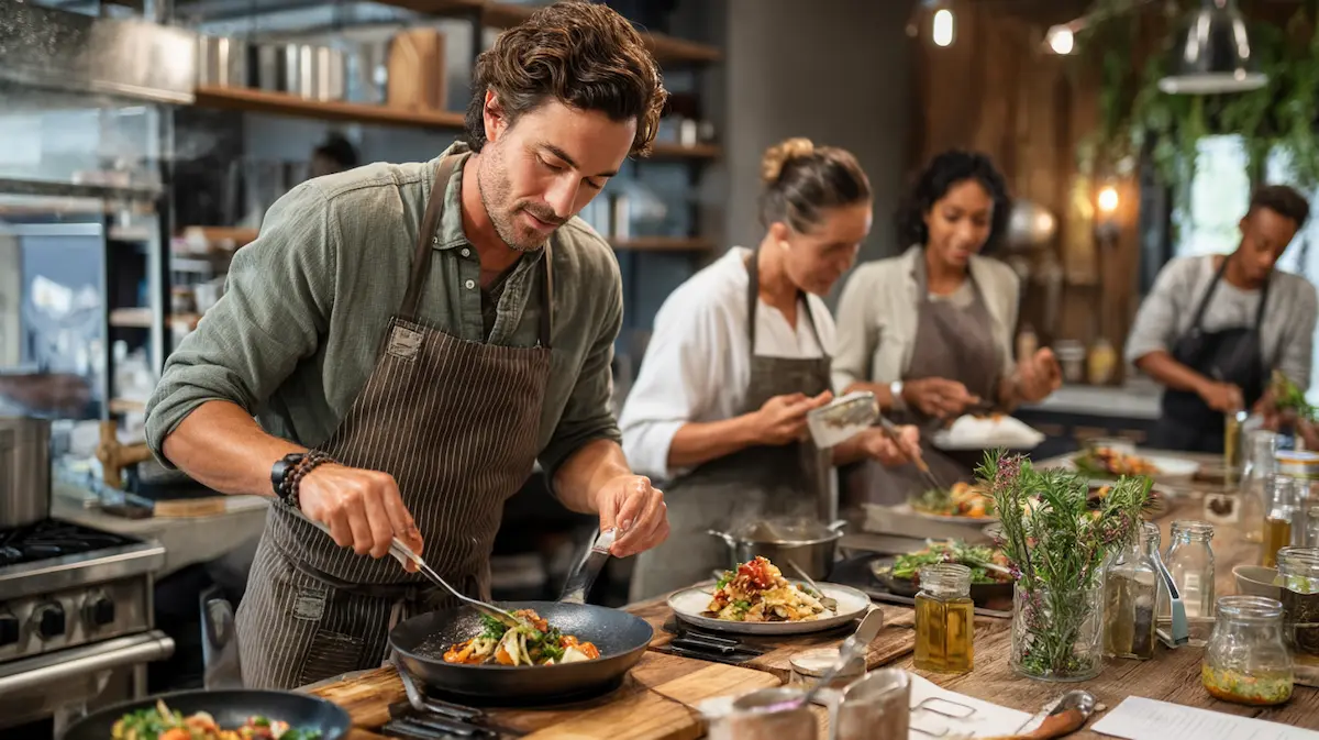 Small business restaurant kitchen team plating dishes at a wood prep line — recipe standards, portion control, and plate-line execution