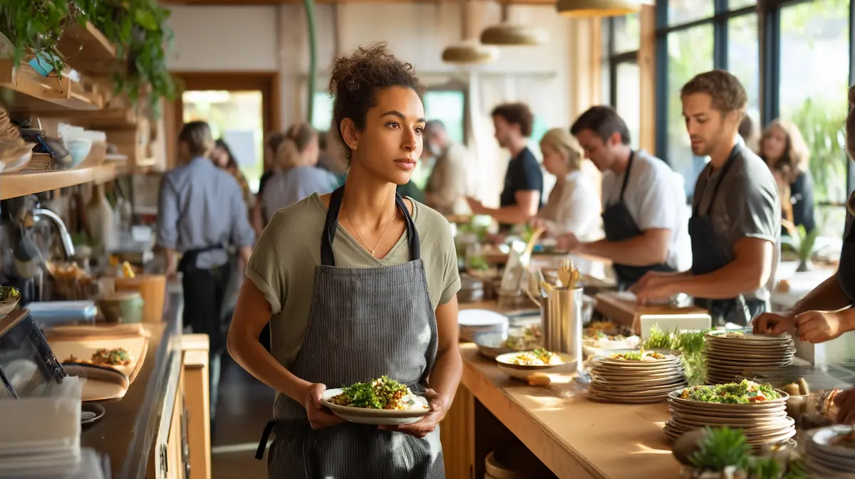 Small business café owner in an apron working the counter during a busy service — restaurant staffing, hiring, and scheduling