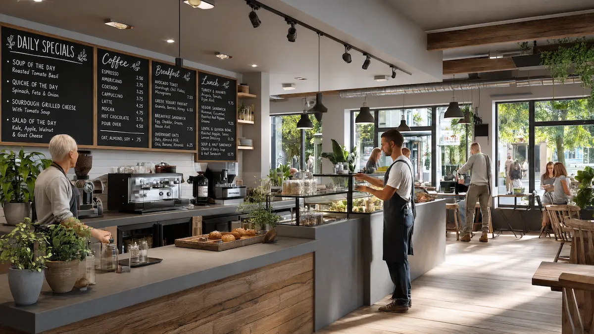Small business café counter with daily specials chalkboards, barista and guests during service — restaurant marketing, local visibility, reviews, and repeat visits
