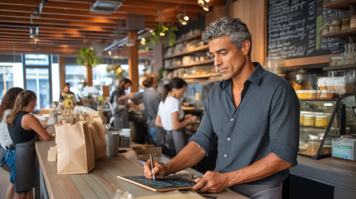 Small business café owner reviewing menu items at the counter while staff prep orders in the background — restaurant menu engineering, best sellers, margin mix, and deadweight items