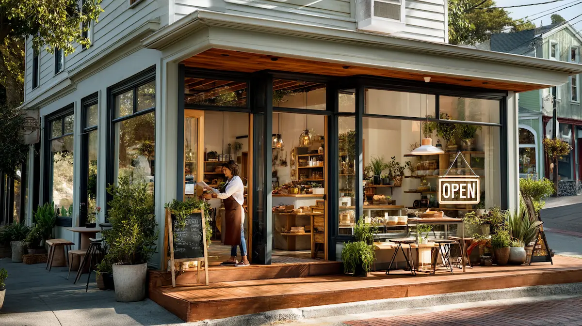 Small café storefront with an OPEN sign — a small business owner preparing to open their restaurant