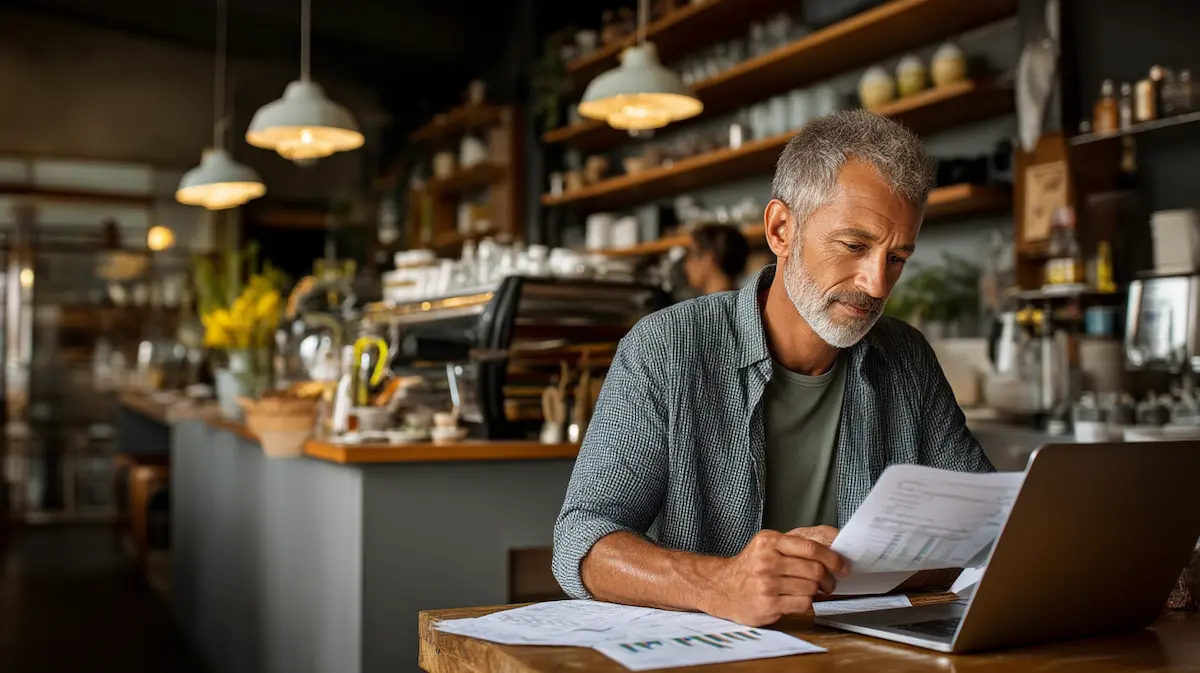 Small business restaurant owner reviewing profit and margin reports on a laptop at a café counter