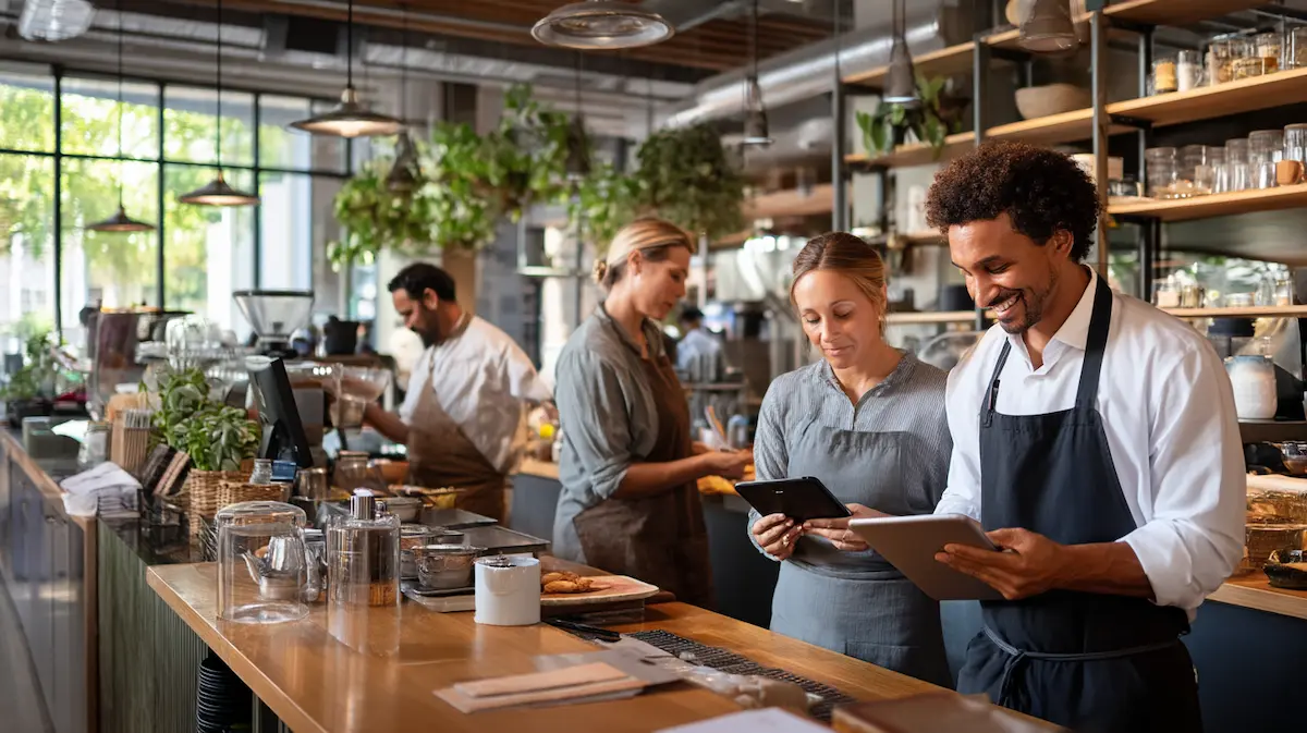 Small business restaurant and café owners reviewing operations on a tablet behind a busy counter