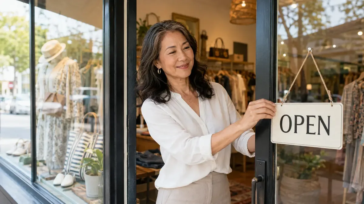 Small business store owner opening the shop for the day