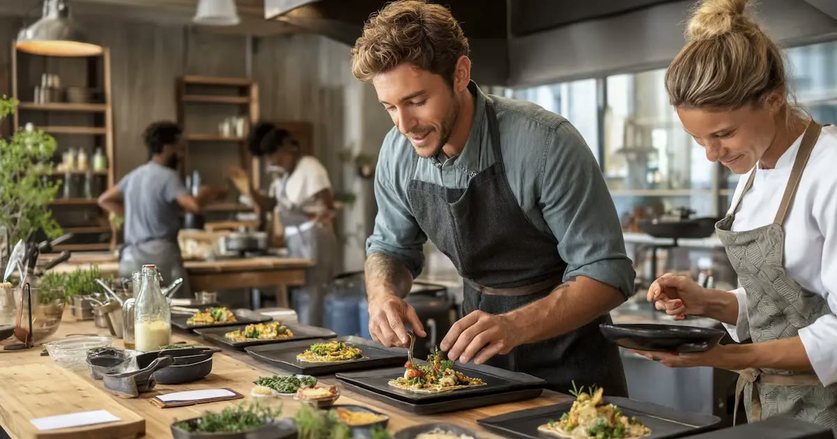 Restaurant chefs plating dishes in a bright kitchen — deciding whether a new menu item will earn its slot